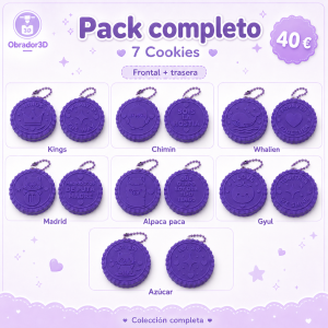Pack completo de 7 Cookies moradas de Obrador3D con frontal y trasera, disponible en formato llavero o abrelatas